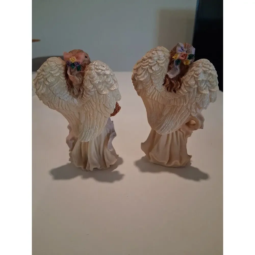 Vintage Resin Angel Figurines Lot Of 2 Guardian Angels With Flowers Basket...